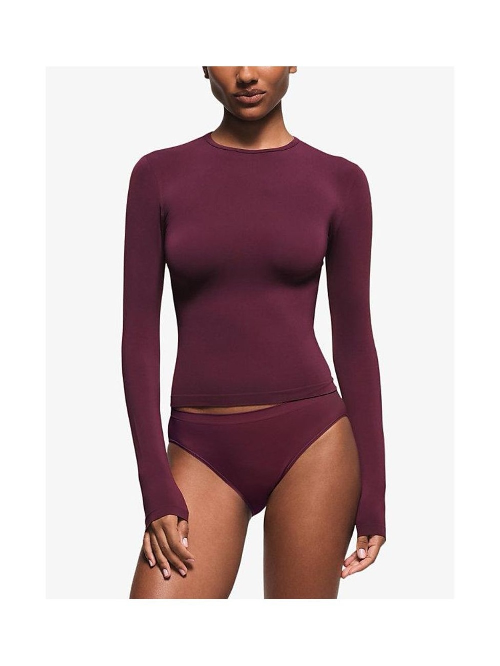 Bundle (2) Skims Small Cotton Jersey Long Sleeve Tees—Deep Berry and Camel